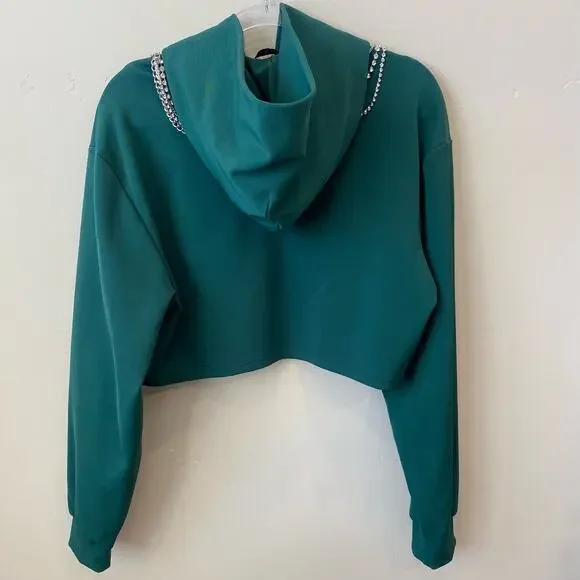 AREA Cropped Crystal Embellished Hooded Sweatshirt top shirt green medium - Picture 6 of 7